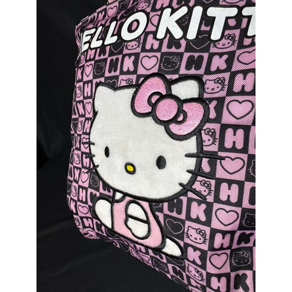 2012 Sanrio Hello Kitty Pink Black Checkered HK Hearts Tote Bag - Kawaii Embroid - Picture 4 of 11